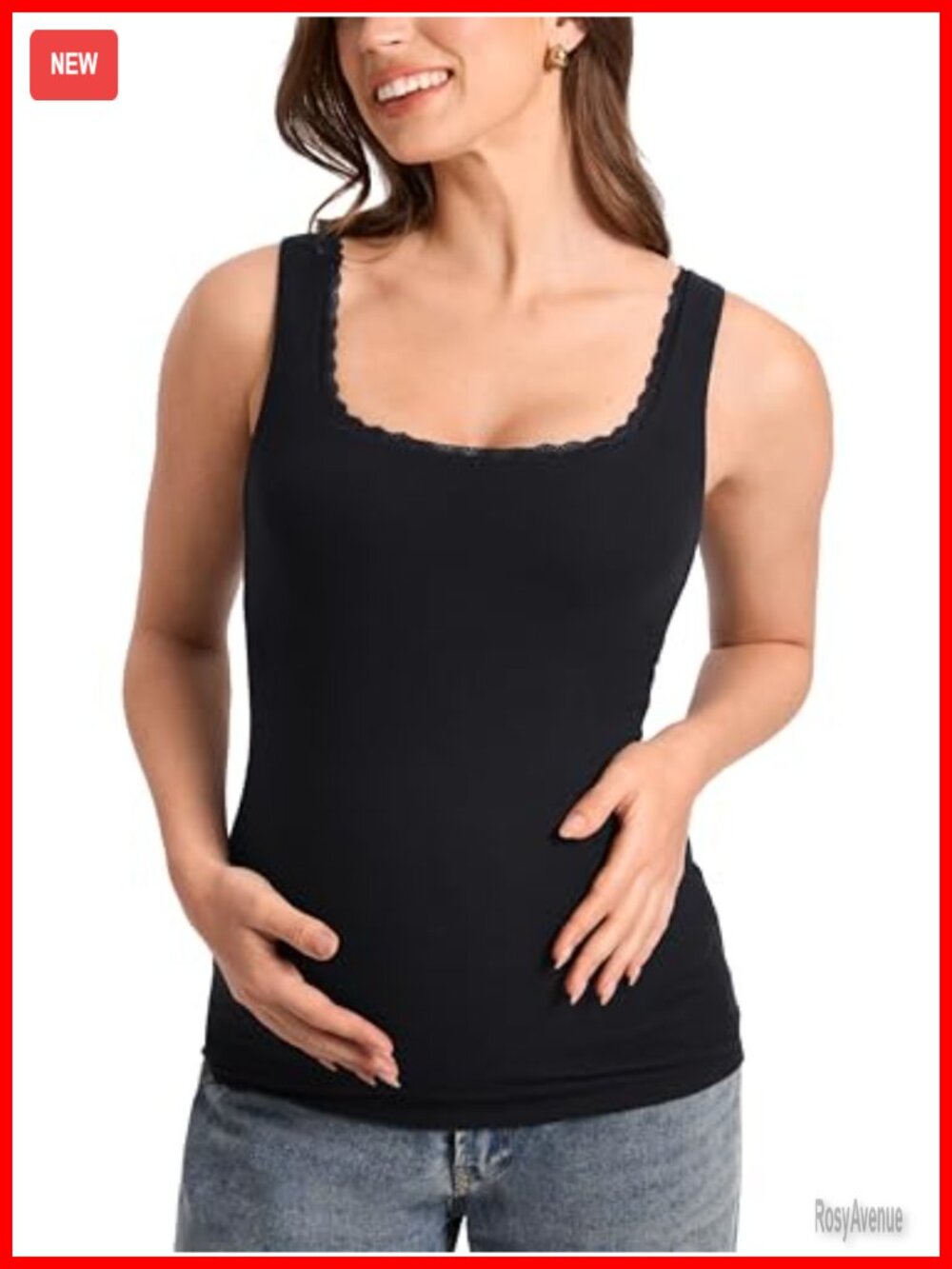 MOMANDA Cotton Ribbed Maternity Tank Top Square Neck Lace Trim